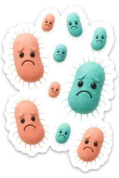 emoji stile iphone di batteri intestinali rosa salmone e turchesi con espressione triste che fluttuano in aria, iperrealistico 4k, isolato su sfondo bianco sticker