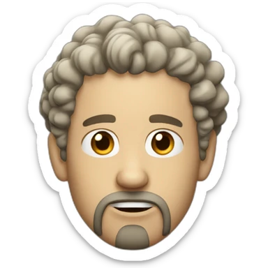  30-year-old white man with curly hair with black tendrils, goatee, disgusted attitude sticker