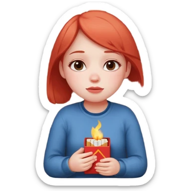 A fragile girl sitting beside a wall, clutching a box of matches, lighting one to warm her cold rosy cheeks.
 sticker