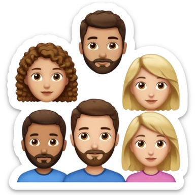 Gars cheveux bruns courts et barbe très courte, un gars avec cheveux bruns courts et barbe très courte, 1 fille cheveux bruns longs frisés, 1 fille cheveux longs blonds plats sticker