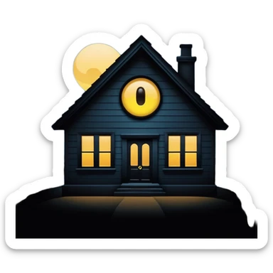 Minimalist emoji-style sticker of a house silhouette at night with a single lit window, and an eye visible inside. Flat, dark, quiet style.
 sticker