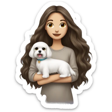 Brunette girl long hair holding a white  Maltese dog sticker