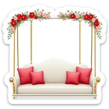 Romantic white wooden pastel-red cushions couch-swing with tiny gold flowers around sticker