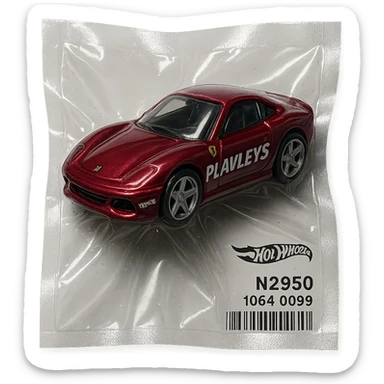 burgundy Hot Wheels Ferrari toy car with 'PLAVLEYS' lettering on the body, shiny and inflated, vacuum-sealed style sticker