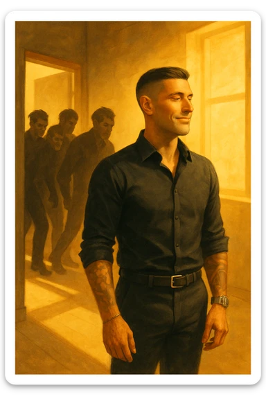 a man stands confidently in a sunlit room, facing away from a group of dark, shadowy figures with harsh or angry expressions who are walking out the door. The man’s posture is upright and relaxed, his face calm and relieved. Warm light fills the space, symbolizing his newfound peace and positivity. sticker