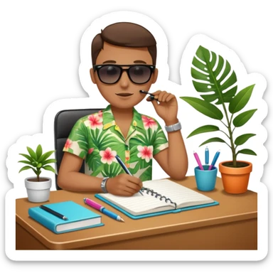 DE VACACIONES y detrás un escritorio moderno, con una notebook, una agenda y una planta con una flor sticker