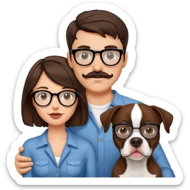 young couple wavy hair brunette man w wire glasses and mustache and brunette girl with bob and a brown pitbull boston terrier  sticker
