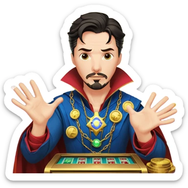 disheveled Doctor Strange losing money at a slot machine, panicked face, coins flying sticker