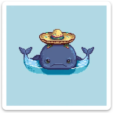 A blue whale with a colorful sombrero hat on its head, swimming in water sticker