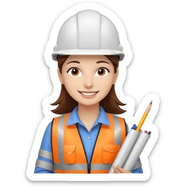 Arquitecta ojos marrones oscuros pestañas pelo marron por los hombros sonrie casco blanco con material de dibujo técnico y chaleco reflectante sticker