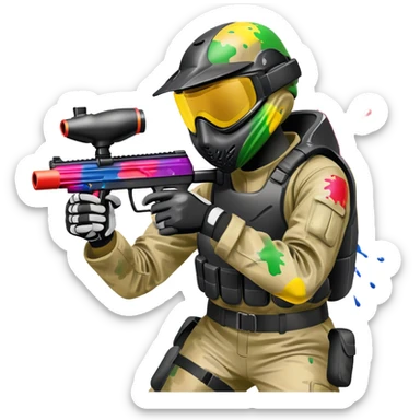 A paintball player in full gear, aiming a paintball gun with focus and determination. The scene includes vibrant splashes of paint and a dynamic battlefield setting, emphasizing action, strategy, and teamwork in a competitive environment sticker