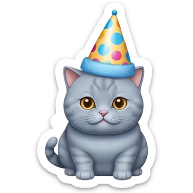 British shorthair blue cat with round face and chubby cheeks wearing a colorful birthday hat sticker