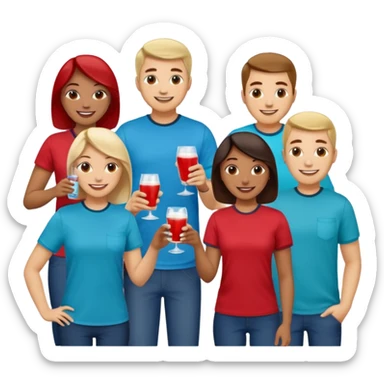 Two dozen adults in casual clothing with red, aqua and blue shirts with different drinks chatting at an afterwork meeting sticker