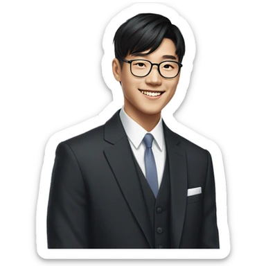 young kpop asian man black medium length bang hair smiling wearing a suit without a shirt with prescription glasses on sticker