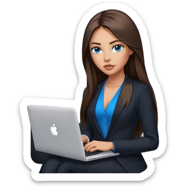Model tanned beautiful girl with pump nude lips and brunette straight long hair, straight hair parting, blue eyes with MacBook and black, black suit vest, V-neck sticker