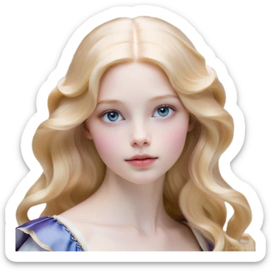 Cinematic Realistic Sleeping Beauty (Aurora) Portrait, with porcelain-like skin featuring a natural rosy flush, illuminated by soft lighting that highlights the gentle contours of her face. Her golden blonde hair flows in soft, detailed waves with subtle highlights that shimmer in the light. Her deep violet-blue eyes radiate warmth and innocence, framed by arched brows and long lashes. With a soft, serene smile, she holds a delicate rose gently in one hand, her other hand resting lightly by her side. She is dressed in her classic pink gown, the fabric rich in texture with delicate folds that catch the light. A golden crown rests atop her head, gleaming with royal refinement. The portrait captures a soft, glowing aura, blending realism with an ethereal sense of beauty and timeless enchantment. sticker