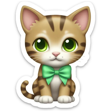 extremely cute kawaii brown tabby girl kitten with green eyes and pastel green bow full body sticker