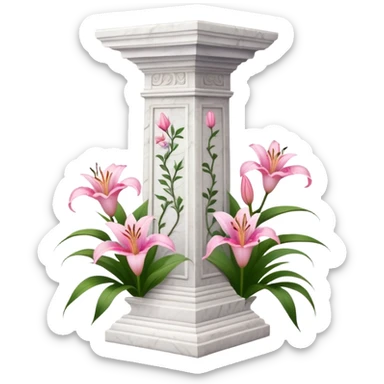 White tall marble pedestal with vines growing on it and pink lilies, beautiful romantic scenery  sticker