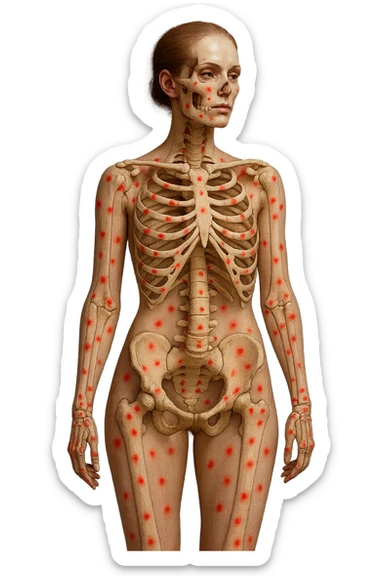 corpo umano anatomico di una donna affetta da fibromialgia, red spot sparsi sulle sue ossa, iperrealistica 4k sticker