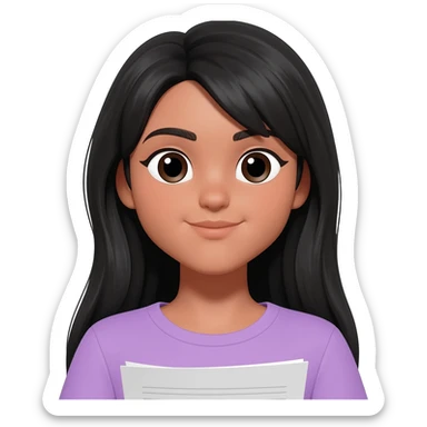 girly lilac t shirt light tan , long black hair girl no bangs writing on paper sticker