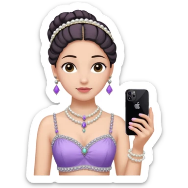 Make a girl standing in mirror in lavender lengha holding a iphone 16 pro max make her hair tie back side and a white pearl necklace  sticker