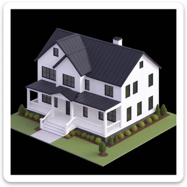 modern farmhouse with white siding, black roof and black trim, isometric exterior view sticker