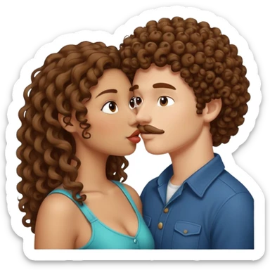 curly haired mixed girl kissing long brown haired white boy with a mustache  sticker