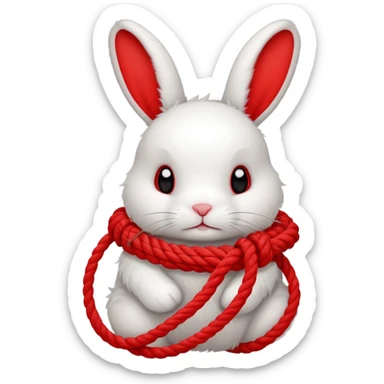 White bunny with red rope tangled around sticker