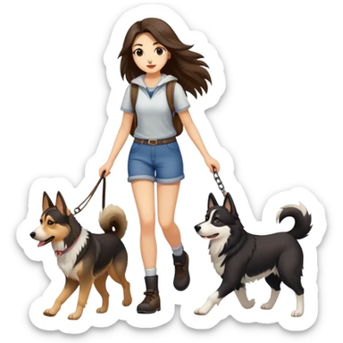 A long-haired girl walks three dogs, a German Shepherd, a Husky, and a Border Collie sticker