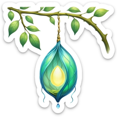 magical organic cocoon suspended from a branch, green-blue cocoon lit up, swirling yellow magic, ethereal and mystical, symbol shape, gentle green-blue hues sticker