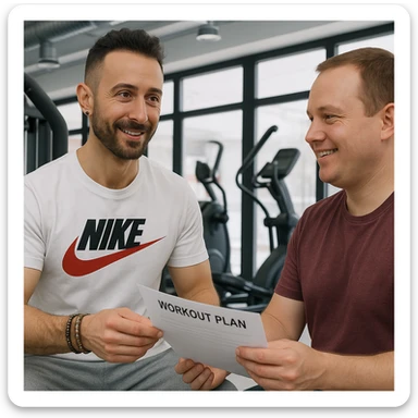Realistic personal trainer in a gym, inspired by the person in the reference photo, handing a personalized workout plan to a smiling client, in a welcoming and professional environment. sticker