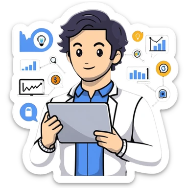 Management educator with black wavy hair, stubble, strong features, white skin, smart casual attire, using tablet with digital analytics dashboard, surrounded by technology icons, innovation-focused pose sticker