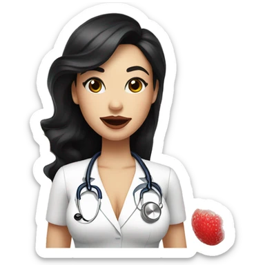 White woman with black hair who is nutricionist, with a big lips in nude color and big lashes, she has a fruit in her hand and haven't stethoscope sticker