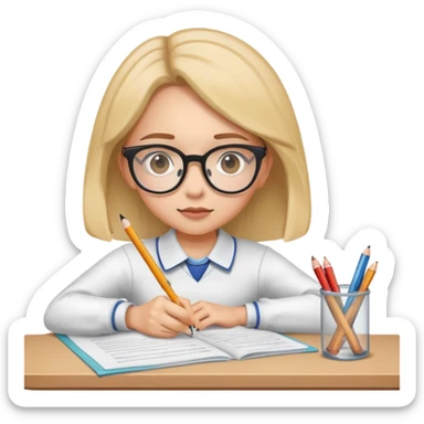 Girl student with glasses focused on exam papers, writing with pencil sticker