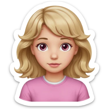 girl with wavy dirty blonde hair and wavy bangs, hazel eyes, white skin, pink cute shirt sticker
