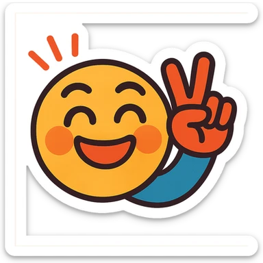 A smiling face or character showing a light victory, cartoonish, vibrant colors sticker