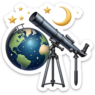 An icon featuring a telescope, stars, and a planet, symbolizing astronomy. The design includes a crescent moon, distant galaxies, and constellations, representing the study of space and celestial bodies. Transparent background highlights the exploration of the universe and cosmic phenomena. sticker