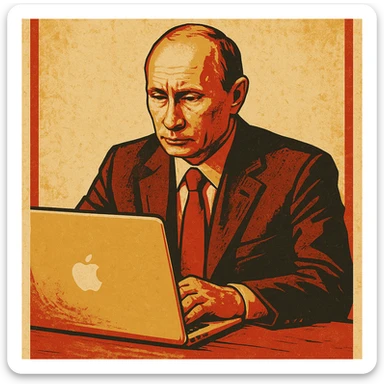 Vladimir Putin working on a MacBook in a vintage propaganda poster style sticker