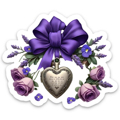 A midnight purple silk bow wraps around a bundle of wilted lavender sprigs, velvety pansies, and blush-violet roses, resting on an aged wooden table. Nearby, an antique silver locket shaped like a heart, engraved with tiny celestial stars, glistens faintly under the dim candlelight. sticker