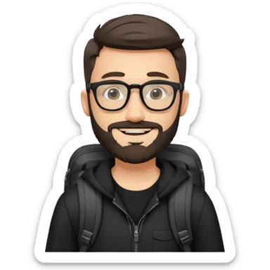 A stylish adventorous man in a complete black outfit with glasses and backpack and beard sticker