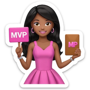 Black barbie, long black  hair, pink dress holding mvp sign  sticker