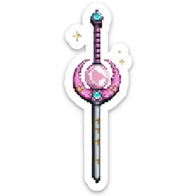 Sailor Moon's Crescent Moon Stick, a pink wand with a gold crescent moon on top and a circular silver gem in the center sticker
