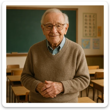 an old teacher, around 80 years old, wise and gentle, with glasses and gray hair, in a classroom setting sticker