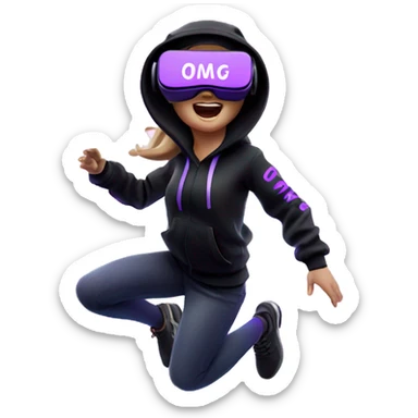 Russian girl wearing black hoody with violet letters "OMG", in vr headset oculus quest2. jumping. Cyberpunk style. Violet neon. sticker