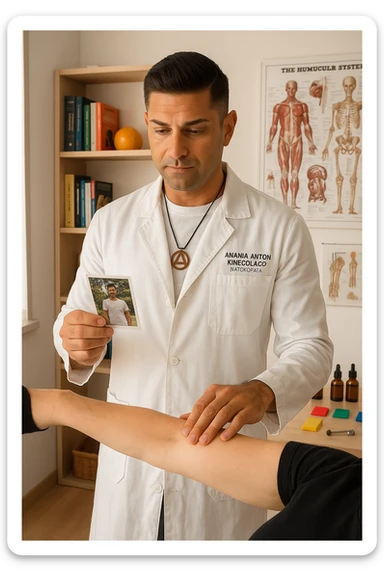 a middle-aged man, dressed in casual professional attire, is in a bright, organized therapy studio. Durante una visita di kinesiologia, il testimone tiene con una mano la foto di una persona lontana (il “testimone”) tiene la foto in mano, mentre con l’altra mano esegue un test muscolare su un cliente presente. Sullo sfondo si vedono libri di kinesiologia, poster anatomici e strumenti tipici della disciplina. L’atmosfera è concentrata e serena, con luce naturale che entra dalla finestra, sottolineando l’aspetto alternativo e umano della pratica. sticker