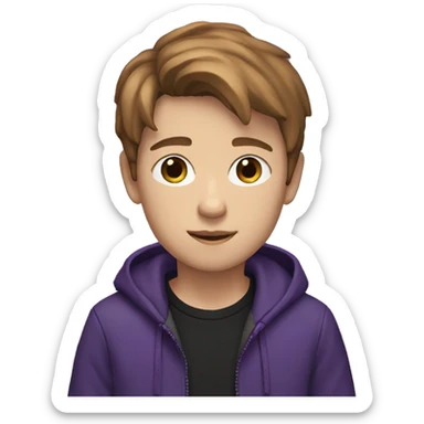  Draw a 12-year-old boy with brown fair hair and wearing a brown and black t-shirt and a jacket that is a mixture of purple and black. sticker