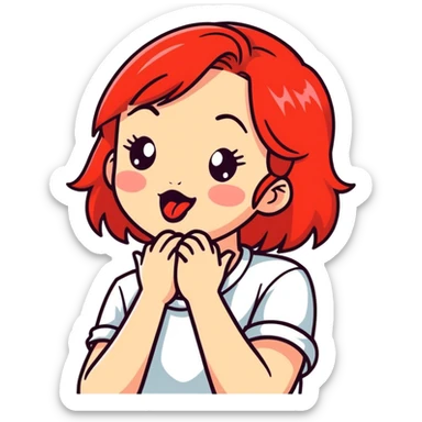 White girl with red hair, crossing her hands against her neck with her tongue sticking out sticker