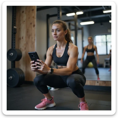 young woman in modern sportswear in gym, doing a video check with smartphone for remote coach, performing squats in front of mirror, gym equipment environment, hyperrealistic details, 4K, motivational atmosphere, 1/8 sticker