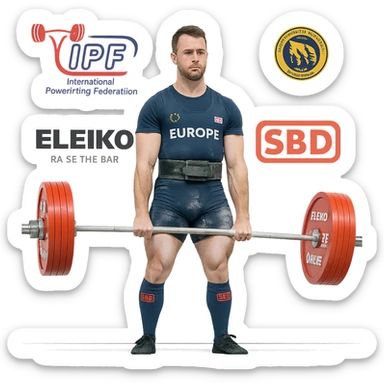 Powerlifter europeo in gara ufficiale di federazione, ispirato all'immagine di riferimento, abbigliamento da competizione, palco con loghi federali, bilanciere carico, atmosfera realistica, 8 varianti con diverse pose, espressioni e dettagli di gara, isolated on white background. sticker