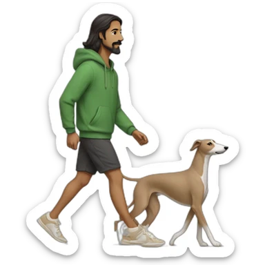 an indian man wearing a green sweatshirt, beige shoes, long hair, no beard, black shorts, walking, side profile,  walking a beige whippet sticker